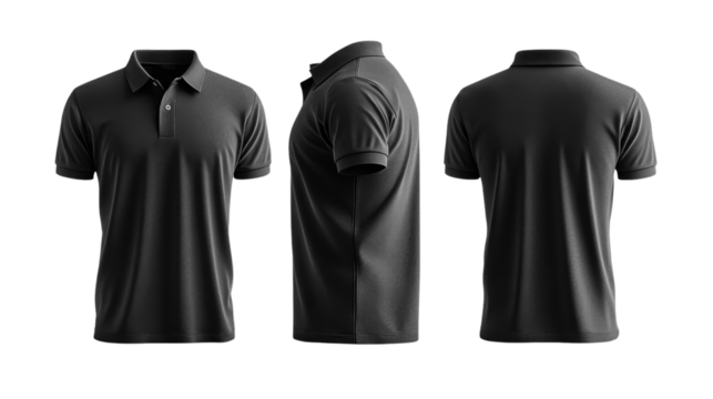 Black polo shirt displayed from multiple angles, showcasing its design and fit