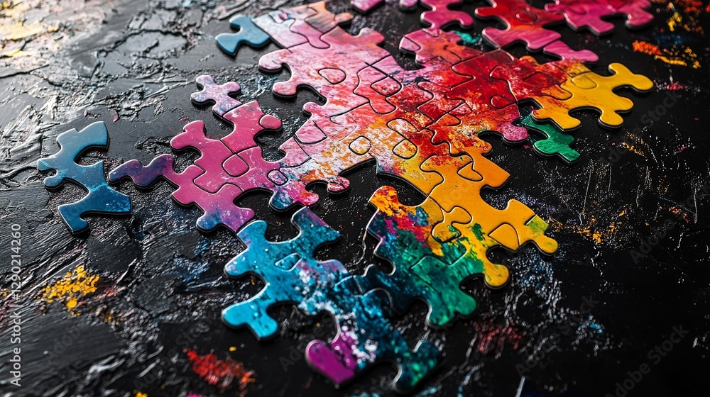 Poster abstract colorful puzzle pieces on dark background artistic vibrant jigsaw game solution concept cre