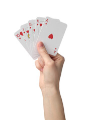 Obraz premium Woman with playing cards against white background, closeup