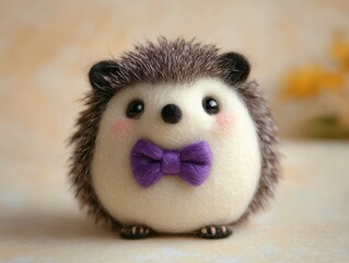 Fototapeta premium Adorable Needle Felted Hedgehog with Purple Bow Tie