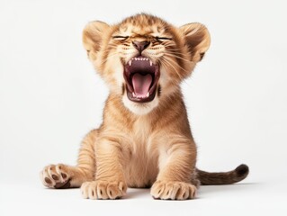 Obraz premium Adorable Yawning Lion Cub on White Background