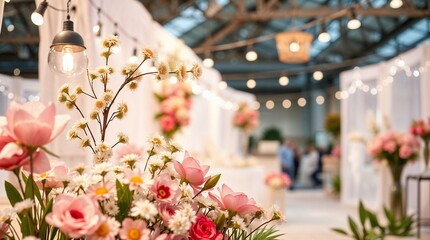 Colorful floral display at a wedding expo with bright lights and guests exploring booths