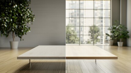 Fototapeta premium Minimalist interior with modern design, featuring a central low table and large windows.