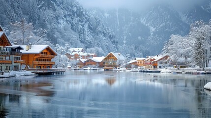 Fototapeta premium Snowy Village by the Lake