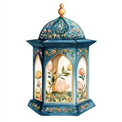 Blue Floral Hexagonal Lantern Watercolor Painting