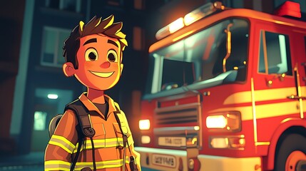 Young Firefighter with Truck at Night.