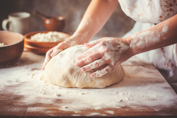 Kneading Dough on Wooden Surface with Flour in Traditional Rustic Kitchen
