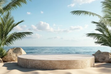 Stone platform on sandy beach, framed by palm trees and ocean. Perfect for showcasing products or displaying summer themes.