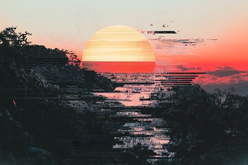 Obraz premium Glitch Sunset Landscape Art