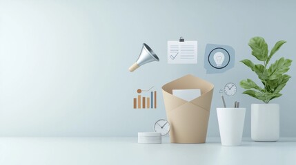 Modern workspace with digital icons and plants, showcasing productivity and design.