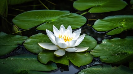 A beautiful white lily surrounded by lush green leaves in a tranquil pond setting