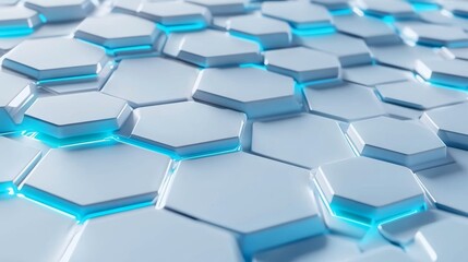Futuristic science and technology background with blue hexagonal pattern on white, abstract digital network and molecular structure, high-tech geometric design for medical, biotech, and innovation con