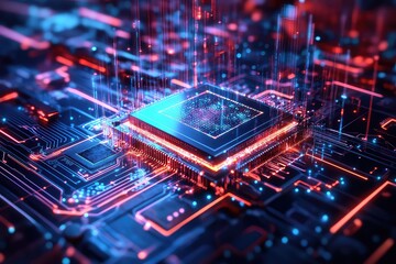 Obraz premium A digital rendering of an AI-powered CPU with futuristic patterns and holographic data streams.