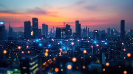 Fototapeta premium Night cityscape with glowing network connections. Illustrates global connectivity and smart city concepts.