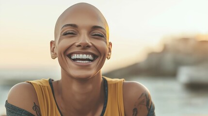 Portrait of cheerful african american woman with shaved head showing white teeth and enjoying summer sunset