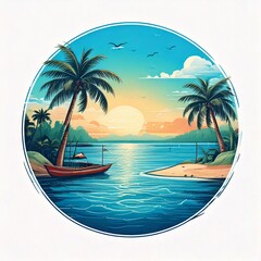 Tropical beach logo in the blue sky in white background illustration postcard