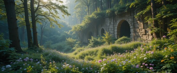 Enchanting sunrise scene in a lush green forest with a stone archway and wildflowers Peaceful nature landscape