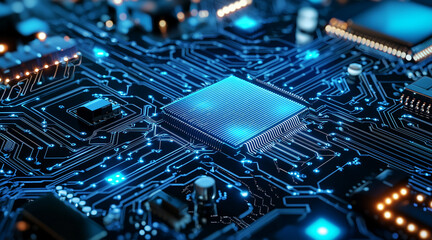 Futuristic circuit board texture with neon blue glowing lines on a dark high-tech background, evoking digital innovation