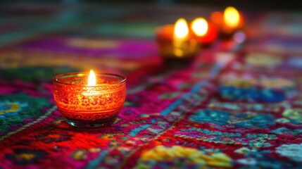 Colorful Diwali Candles on Vibrant Colorful Fabric Display