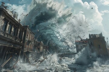 Massive wave crashing over a coastal town outdoors nature animal.