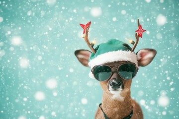 sassy reindeer in a green santa cap and aviators, snowy teal backdrop, twinkling star lights, floppy ears, and a cheeky, holiday strut.