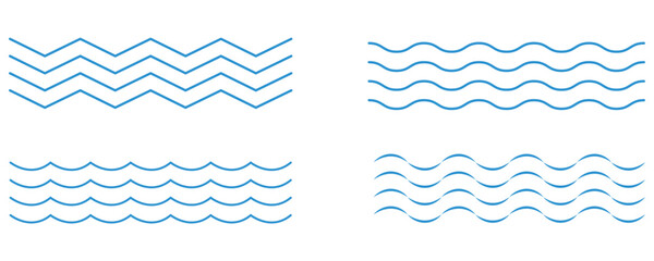 Blue wave icons vector, simple wavy vector set, outline curve liquid sign in blue color, abstract wavy shapes in blue colors isolated on white background.
