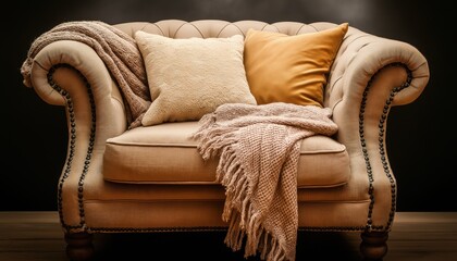 Cozy Beige Armchair with Pillows and Blanket - Warm Home Interior Decor