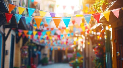 Colorful Festive Bunting Decoration in a Lively Street Scene