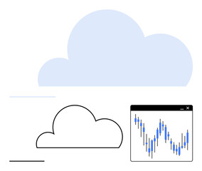 Minimalist illustration of two clouds, one filled and one outlined, with a data graph window. Ideal for technology, data analysis, cloud computing, weather, networking, digital transformation