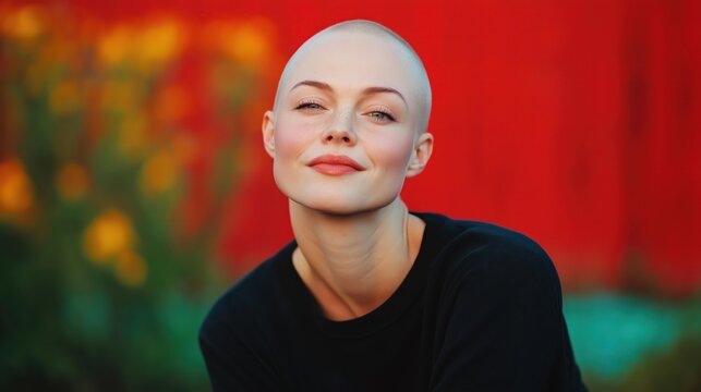 Portrait of a beautiful bald woman wearing a black shirt, smiling slightly against a vibrant red and green background - Powered by Adobe