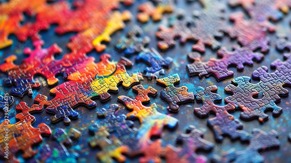 Poster vibrant colorful jigsaw puzzle pieces close up abstract background image detailed rainbow spectrum p