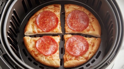 Freshly Cooked Pepperoni Pizza Slices Served in Air Fryer Basket on White Background