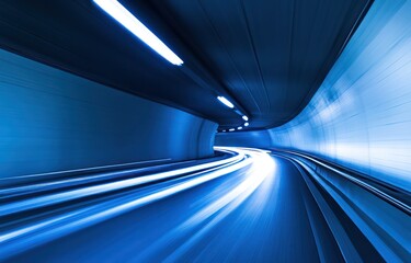 Fast car driving through city tunnel, light trails