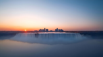 Fototapeta premium City Skyline at Sunset Over a Misty Waterfall