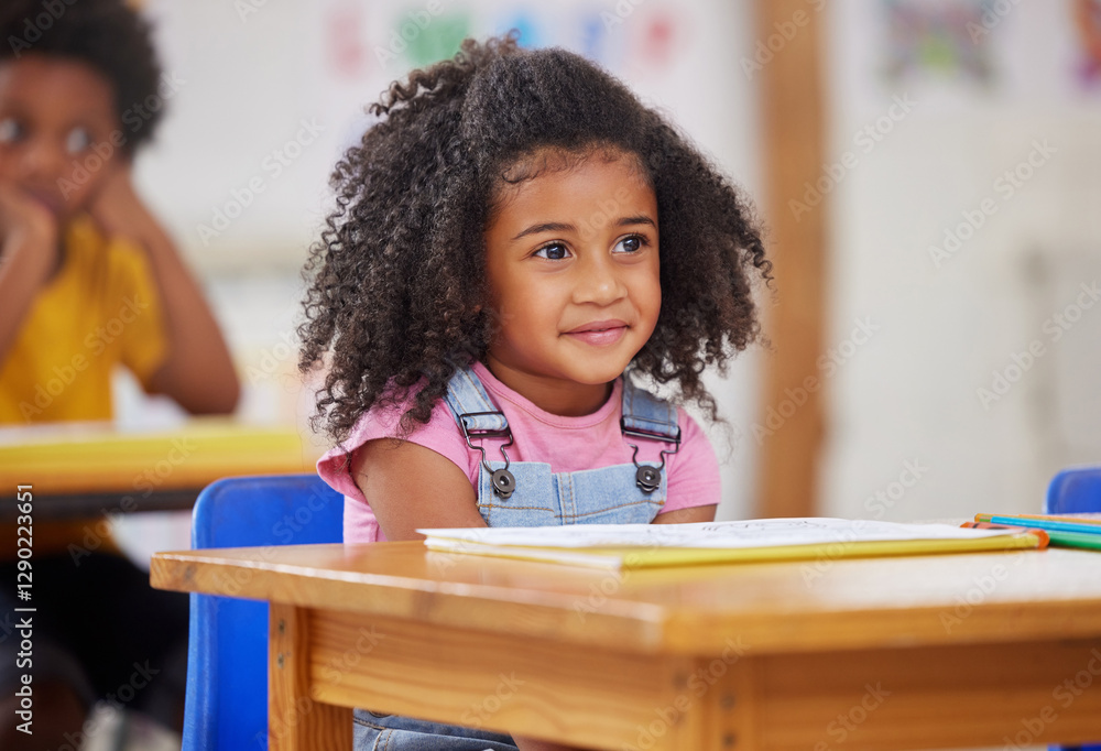 Poster smile, child and relax with book in classroom for learning, drawing activity and back to school. kid