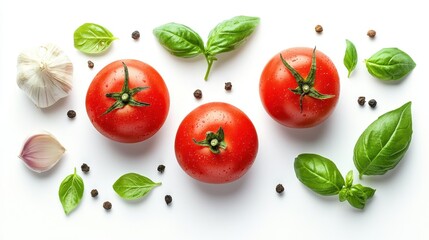 Three ripe tomatoes, garlic, basil, peppercorns on white. Perfect for food blogs, recipes, or healthy eating themes.