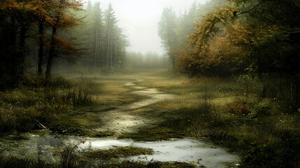 Obraz premium Misty Forest Path: Autumnal Woods Landscape