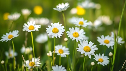 A cluster of daisies growing in a meadow with a light breeze blowing