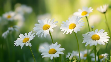 Fototapeta premium A cluster of daisies growing in a meadow with a light breeze blowing