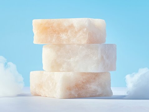 Stacked natural salt blocks clean minimalist background product bright environment close-up view wellness concept