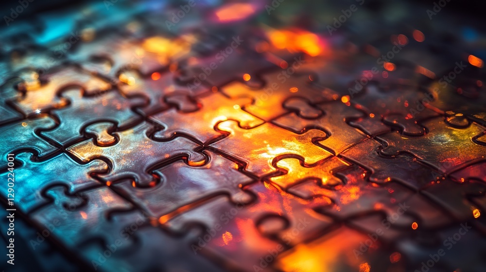 Poster abstract puzzle pieces illuminated background warm colors intricate design solution concept jigsaw c