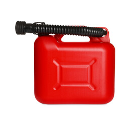 One red plastic canister with spout on white background
