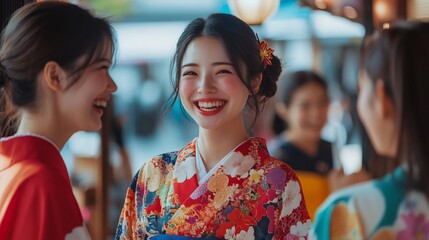 Japanese women their 30s smiling and chatting in a vibrant lively setting highlighting their beauty and skincare routines