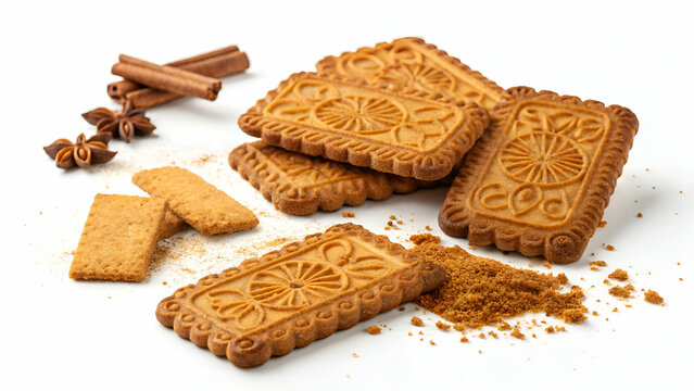 Crunchy and spiced speculoos biscuits with a caramelized texture, beautifully displayed on a white background for bakery marketing.