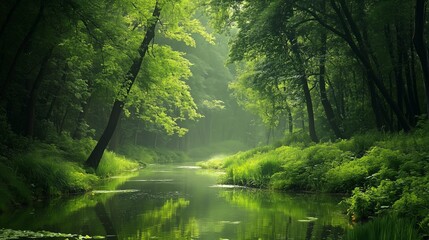 Obraz premium A serene river reflecting the surrounding trees