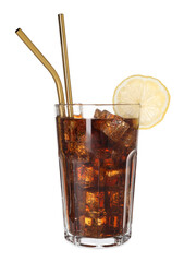 Refreshing cola with slice of lemon, ice cubes and drinking straws in glass isolated on white