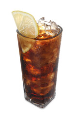 Refreshing cola with slice of lemon and ice cubes in glass isolated on white