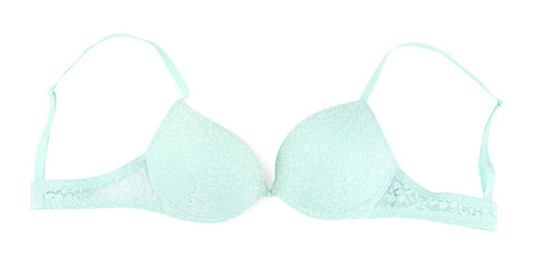 Beautiful turquoise bra isolated on white, top view