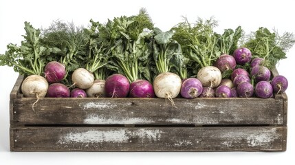 A rustic wooden crate filled with assorted vegetables, including turnips and fennel, isolated on white 