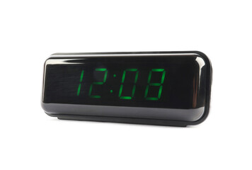 Digital alarm clock showing 12:08 o'clock on white background